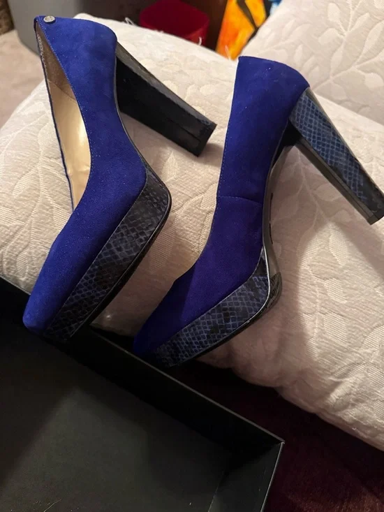 Calvin Klein Blue Suede High Heel Pumps with Textured Platform - Picture 3 of 16